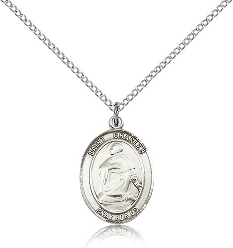 St. Charles Borromeo Medal, Sterling Silver, Medium - 18&quot; 1.2mm Sterling Silver Chain + Clasp
