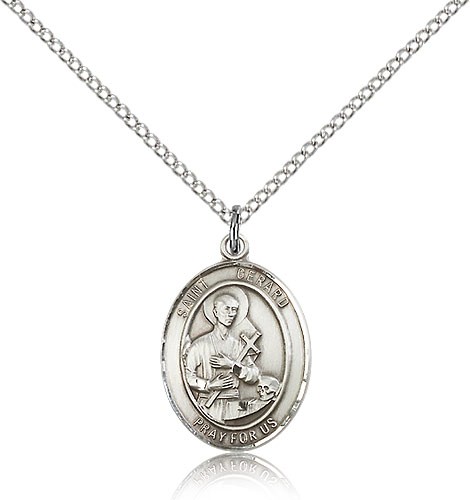 St. Gerard Majella Medal, Sterling Silver, Medium - 18&quot; 1.2mm Sterling Silver Chain + Clasp