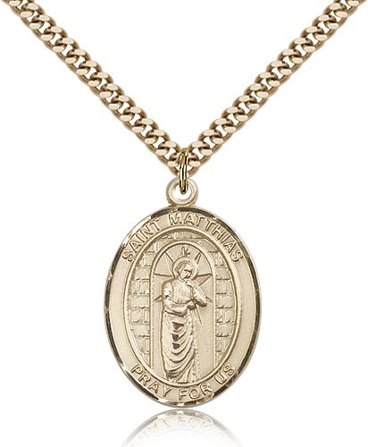St. Matthias the Apostle Medal, Gold Filled, Large - 24&quot; 2.4mm Gold Plated Chain + Clasp