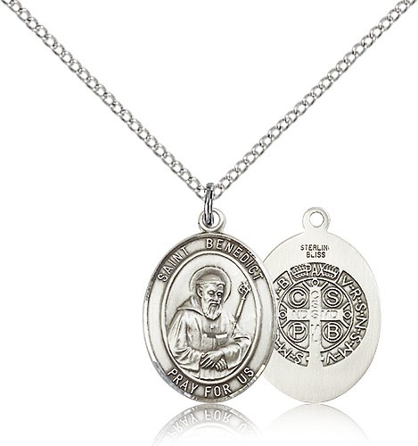 St. Benedict Medal, Sterling Silver, Medium - 18&quot; 1.2mm Sterling Silver Chain + Clasp