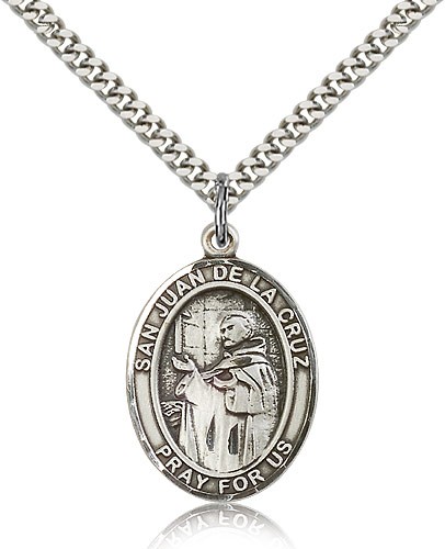 San Juan De La Cruz Medal, Sterling Silver, Large - 24&quot; 2.4mm Rhodium Plate Chain + Clasp
