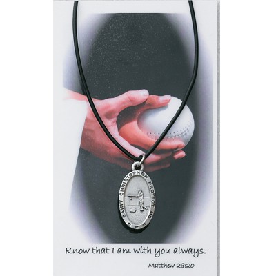 Girl's St. Christopher Softball Medal with Leather Chain and Prayer Card Set - Silver-tone