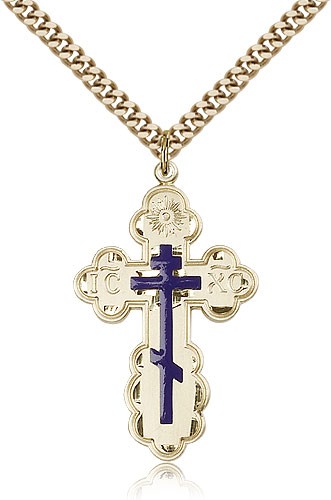 St. Olga Cross Pendant, Gold Filled - 24&quot; 2.4mm Gold Plated Endless Chain