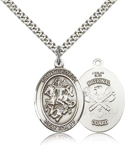 St. George National Guard Medal, Sterling Silver, Large - 24&quot; 2.4mm Rhodium Plate Chain + Clasp