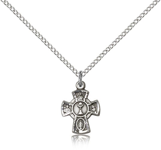 5 Way Cross Chalice Medal, Sterling Silver - 18&quot; 1.2mm Sterling Silver Chain + Clasp