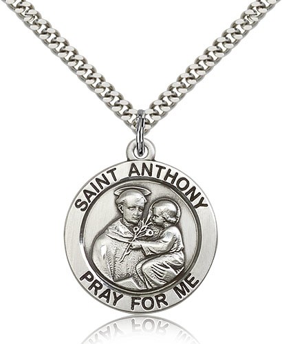 Large Sterling Silver Saint Anthony Pendant - 24&quot; 2.4mm Rhodium Plate Endless Chain