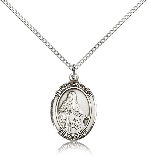 St. Veronica Medal, Sterling Silver, Medium - 18&quot; 1.2mm Sterling Silver Chain + Clasp
