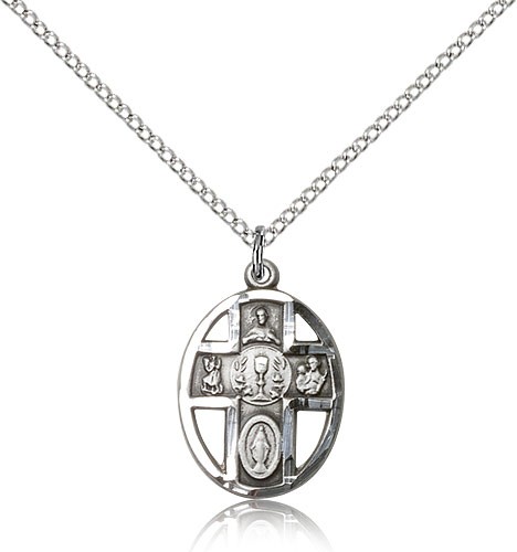 5 Way Cross Chalice Medal, Sterling Silver - 18&quot; 1.2mm Sterling Silver Chain + Clasp