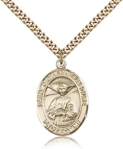 St. Catherine Laboure Medal, Gold Filled, Large - 24&quot; 2.4mm Gold Plated Chain + Clasp