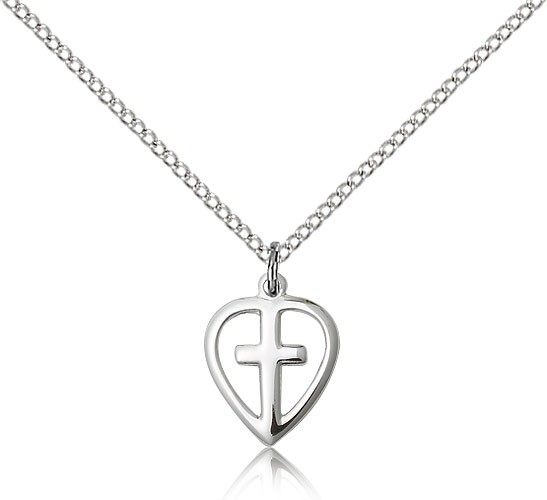 Heart Cross Pendant, Sterling Silver - 18&quot; 1.2mm Sterling Silver Chain + Clasp