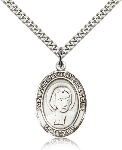 St. John Baptist De La Salle Medal, Sterling Silver, Large - 24&quot; 2.4mm Rhodium Plate Chain + Clasp