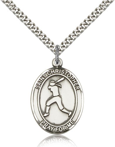 St. Christopher Softball Medal, Sterling Silver, Large - 24&quot; 2.4mm Rhodium Plate Chain + Clasp