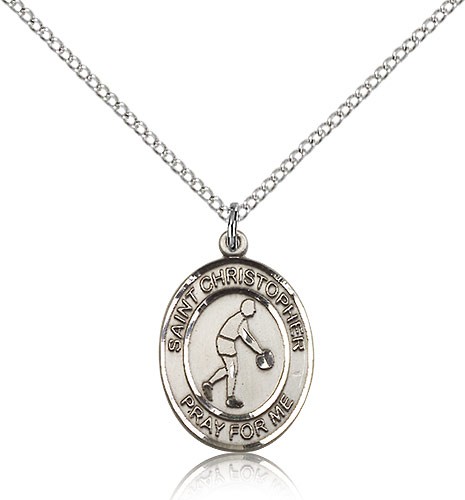 St. Christopher Basketball Medal, Sterling Silver, Medium - 18&quot; 1.2mm Sterling Silver Chain + Clasp