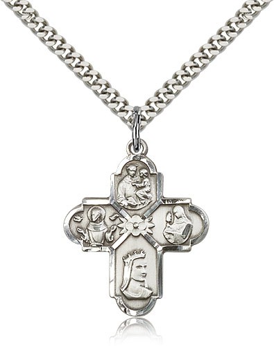 Franciscan 4 Way Cross Pendant, Sterling Silver - 24&quot; 2.4mm Rhodium Plate Endless Chain