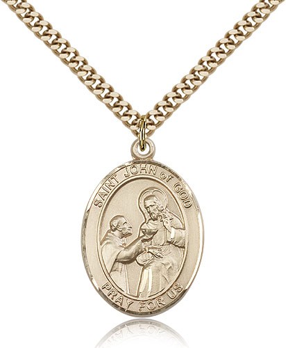 St. John of God Medal, Gold Filled, Large - 24&quot; 2.4mm Gold Plated Chain + Clasp