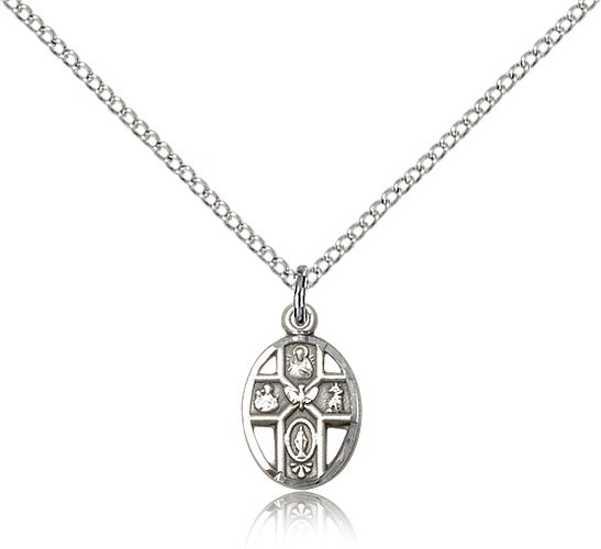 5 Way Cross Pendant, Sterling Silver - 18&quot; 1.2mm Sterling Silver Chain + Clasp