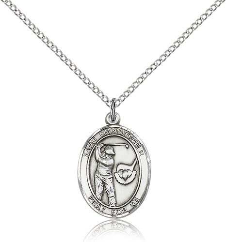 St. Christopher Golf Medal, Sterling Silver, Medium - 18&quot; 1.2mm Sterling Silver Chain + Clasp