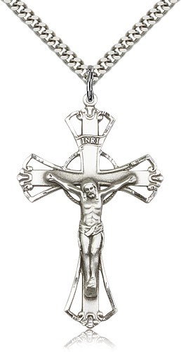 Crucifix Pendant, Sterling Silver - 24&quot; 2.4mm Rhodium Plate Chain + Clasp