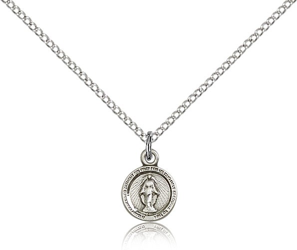 Miraculous Medal, Sterling Silver - 18&quot; 1.2mm Sterling Silver Chain + Clasp