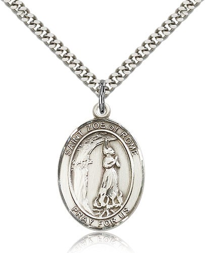 St. Zoe of Rome Medal, Sterling Silver, Large - 24&quot; 2.4mm Rhodium Plate Chain + Clasp