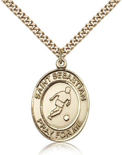 St. Sebastian Soccer Medal, Gold Filled, Large - 24&quot; 2.4mm Gold Plated Chain + Clasp