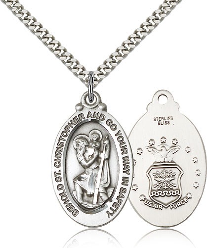 St. Christopher Air Force Medal, Sterling Silver - 24&quot; 2.4mm Rhodium Plate Endless Chain