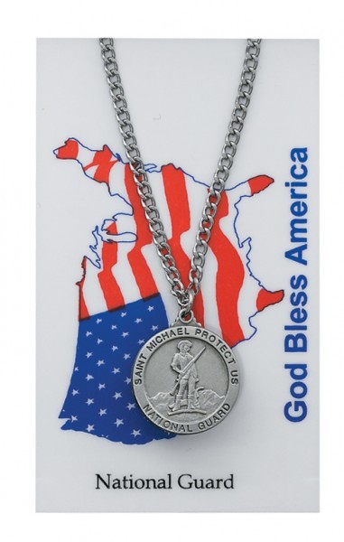 Round St. Michael National Guard Medal and Prayer Card Set - Silver-tone