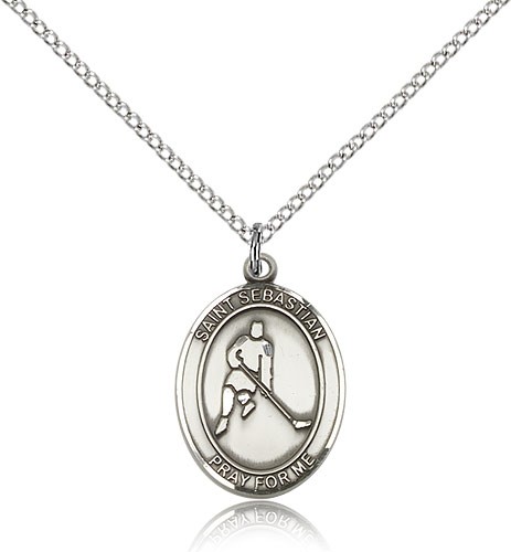 St. Sebastian Ice Hockey Medal, Sterling Silver, Medium - 18&quot; 1.2mm Sterling Silver Chain + Clasp