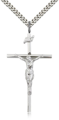 Crucifix Pendant, Sterling Silver - 24&quot; 2.4mm Rhodium Plate Endless Chain