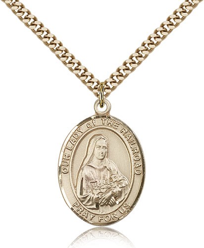 Our Lady of the Railroad Medal, Gold Filled, Large - 24&quot; 2.4mm Gold Plated Chain + Clasp