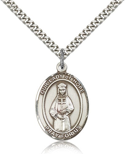Our Lady of Hope Medal, Sterling Silver, Large - 24&quot; 2.4mm Rhodium Plate Chain + Clasp