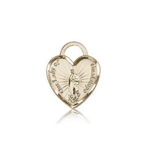 Our Lady of Guadalupe Heart Recuerdo Medal, 14 Karat Gold - 14 KT Yellow Gold