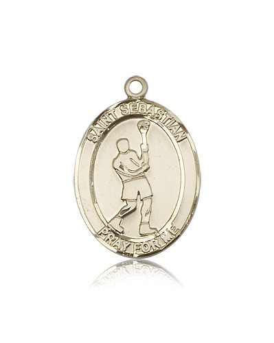 St. Sebastian Lacrosse Medal, 14 Karat Gold, Large - 14 KT Yellow Gold