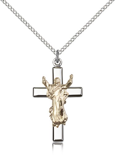 Cross Pendant, Two-Tone - 18&quot; 1.2mm Sterling Silver Chain + Clasp
