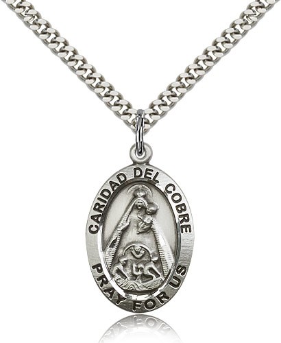 Caridad Del Cobre Medal, Sterling Silver - 24&quot; 2.4mm Rhodium Plate Endless Chain