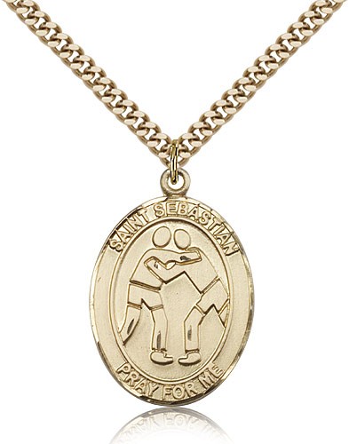 St. Sebastian Wrestling Medal, Gold Filled, Large - 24&quot; 2.4mm Gold Plated Chain + Clasp