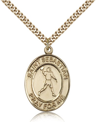 St. Sebastian Football Medal, Gold Filled, Large - 24&quot; 2.4mm Gold Plated Chain + Clasp