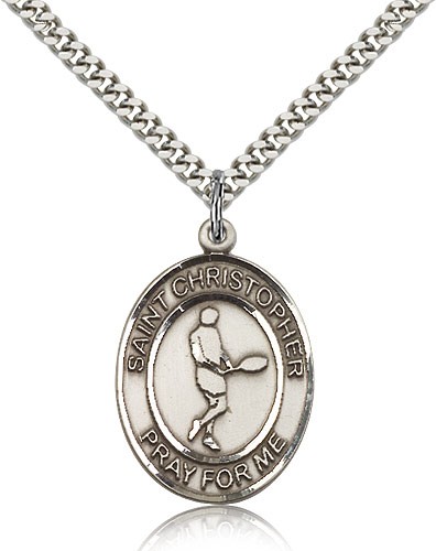 St. Christopher Tennis Medal, Sterling Silver, Large - 24&quot; 2.4mm Rhodium Plate Chain + Clasp