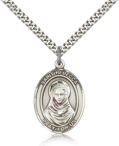 St. Rebecca Medal, Sterling Silver, Large - 24&quot; 2.4mm Rhodium Plate Chain + Clasp