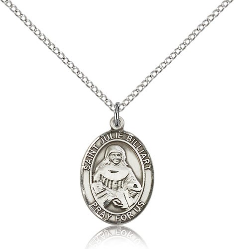 St. Julie Billiart Medal, Sterling Silver, Medium - 18&quot; 1.2mm Sterling Silver Chain + Clasp