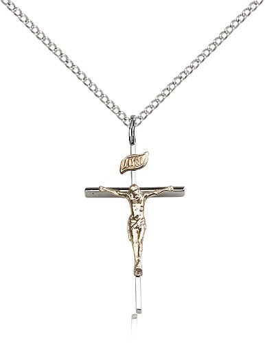 Crucifix Pendant, Two-Tone - 18&quot; 1.2mm Sterling Silver Chain + Clasp