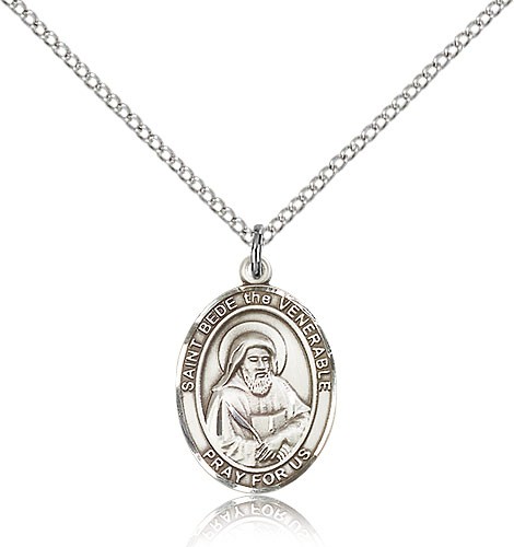 St. Bede the Venerable Medal, Sterling Silver, Medium - 18&quot; 1.2mm Sterling Silver Chain + Clasp