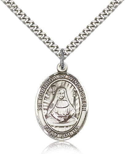 St. Edburga of Winchester Medal, Sterling Silver, Large - 24&quot; 2.4mm Rhodium Plate Chain + Clasp