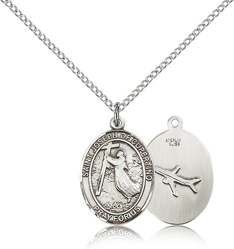 St. Joseph of Cupertino Medal, Sterling Silver, Medium - 18&quot; 1.2mm Sterling Silver Chain + Clasp