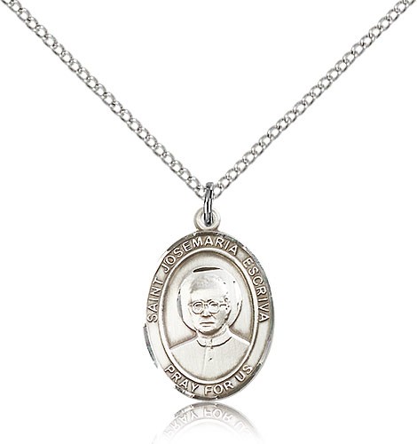 St. Josemaria Escriva Medal, Sterling Silver, Medium - 18&quot; 1.2mm Sterling Silver Chain + Clasp