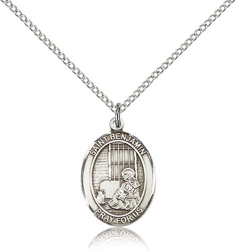 St. Benjamin Medal, Sterling Silver, Medium - 18&quot; 1.2mm Sterling Silver Chain + Clasp