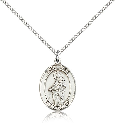 St. Jane of Valois Medal, Sterling Silver, Medium - 18&quot; 1.2mm Sterling Silver Chain + Clasp