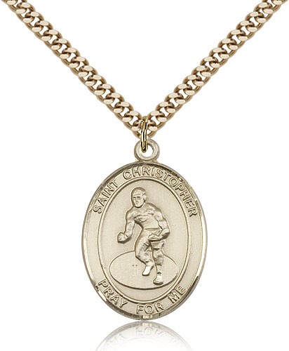 St. Christopher Wrestling Medal, Gold Filled, Large - 24&quot; 2.4mm Gold Plated Chain + Clasp