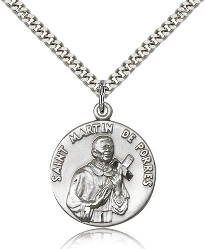 St. Martin De Porres Medal, Sterling Silver - 24&quot; 2.4mm Rhodium Plate Endless Chain