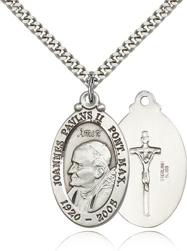 Pope John Paul II Medal, Sterling Silver - 24&quot; 2.4mm Rhodium Plate Endless Chain